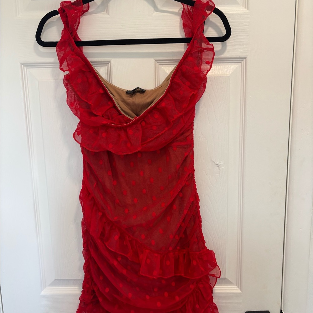 MAJORELLE Red Polka Dot Mesh Dress with Nude Lining